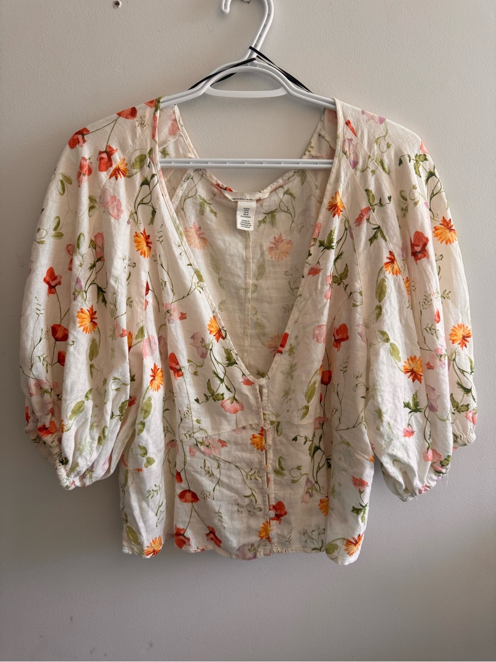 Floral V-Neck Puff Sleeve Blouse - White with Orange & Pink Flowers